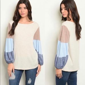 NWOT Waffle Knit Top with Color-Block Sleeves